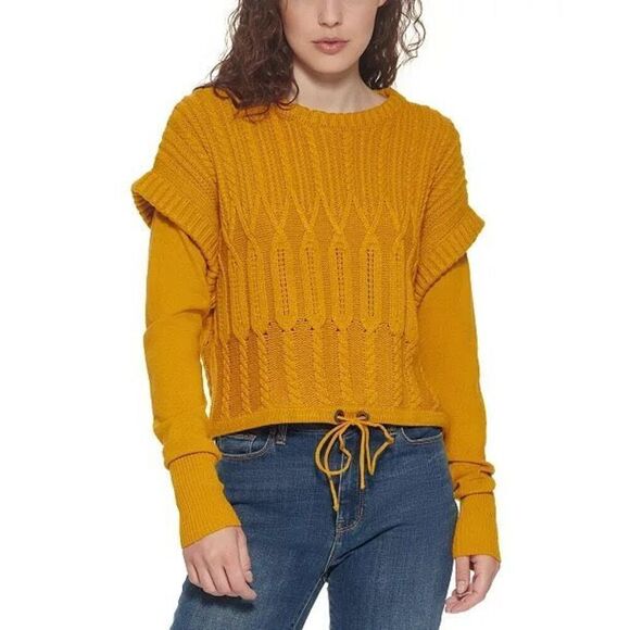 DKNY JEANS Cable-Knit Drop Shoulder-Detail Sweater M Long Sleeve TIe Hem Fall Ru - Picture 1 of 10